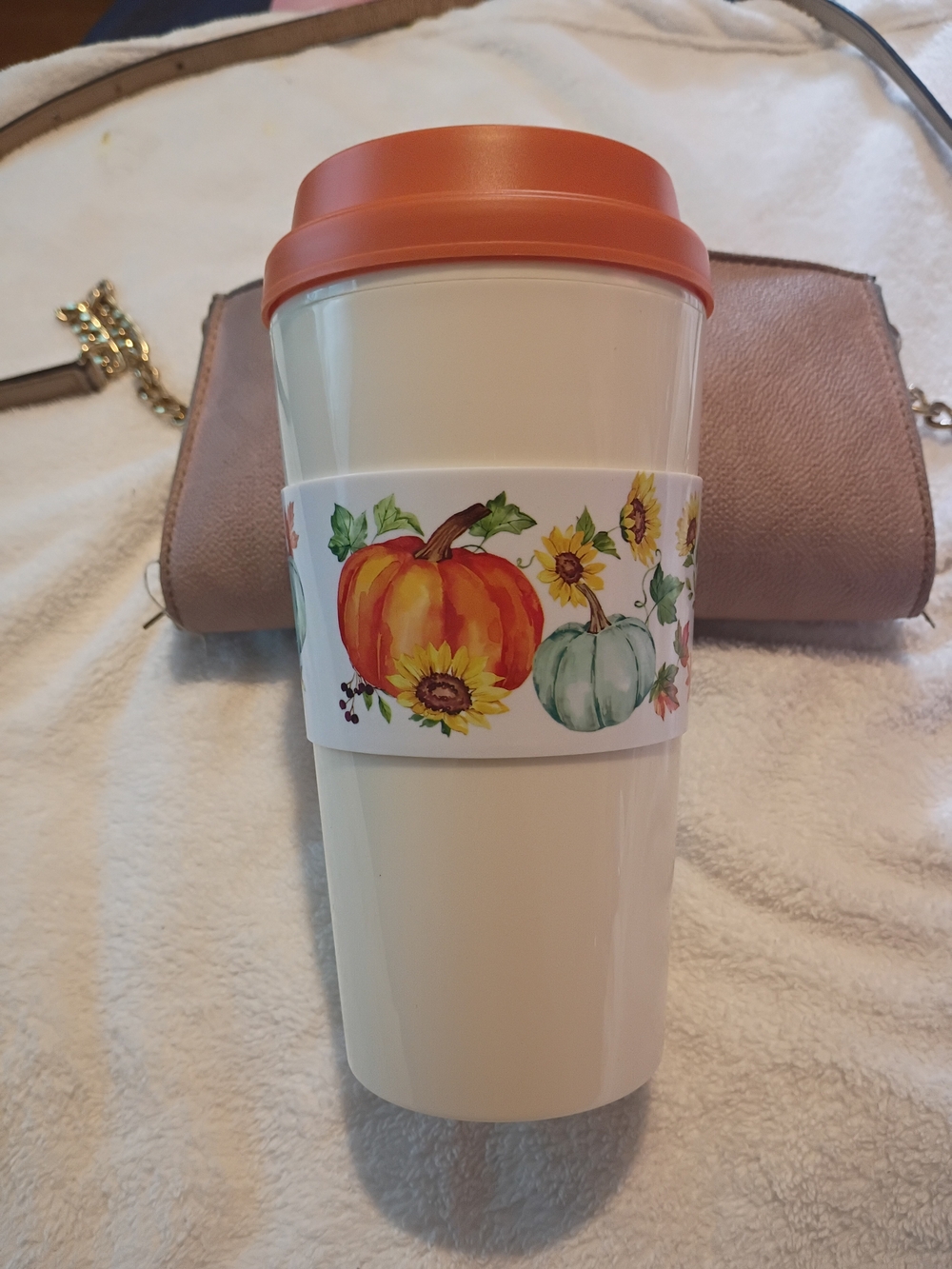 Cream Travel Tumbler with Orange Lid and Pumpkin Floral Sleeve